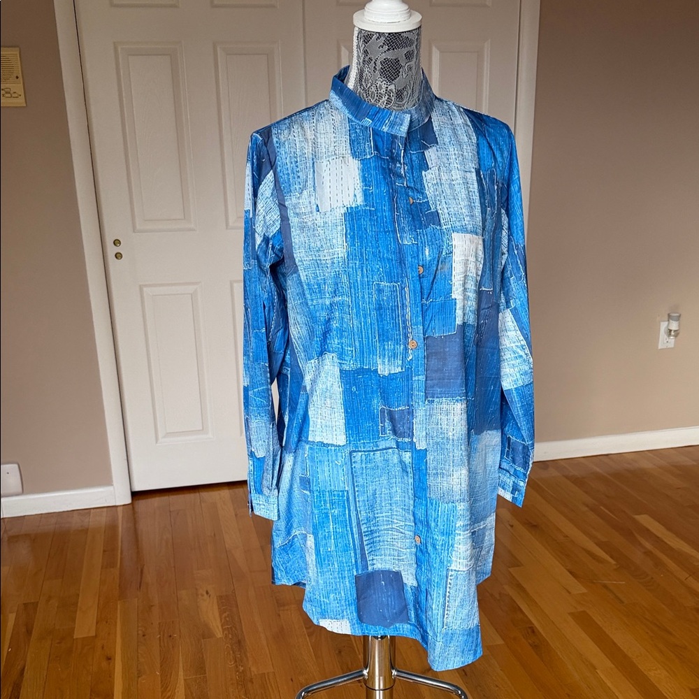 Blue Patchwork Casual Button-Down Shirt Dress